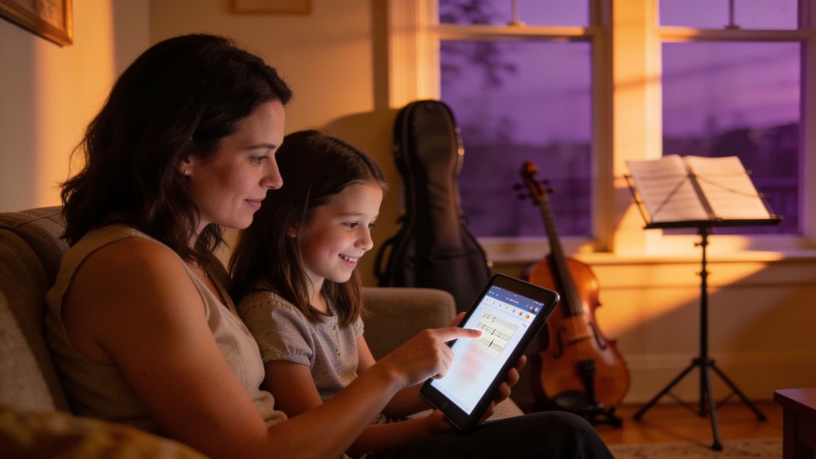 Mutter und Tochter sehen sich am Sofa die Unterrichtsnotizen am Tablet an, im Hintergrund Geige und Notenständer im Abendlicht