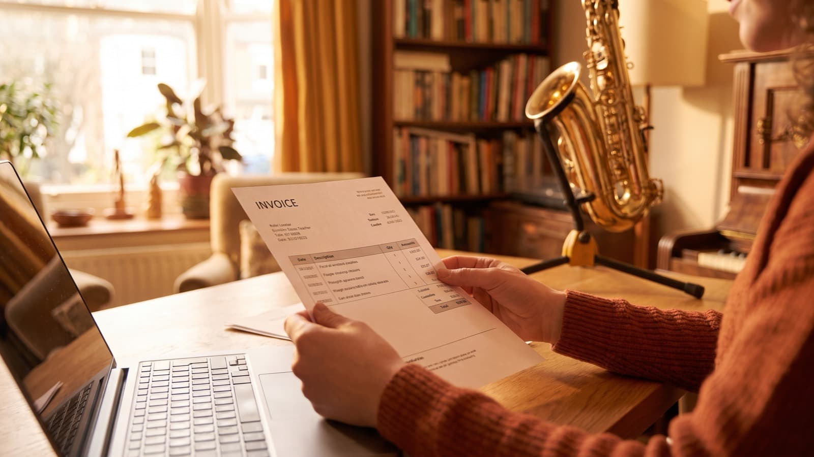 Hände einer Musiklehrkraft mit gedruckter Rechnung neben Laptop, im Hintergrund ein Saxofon im Musikzimmer