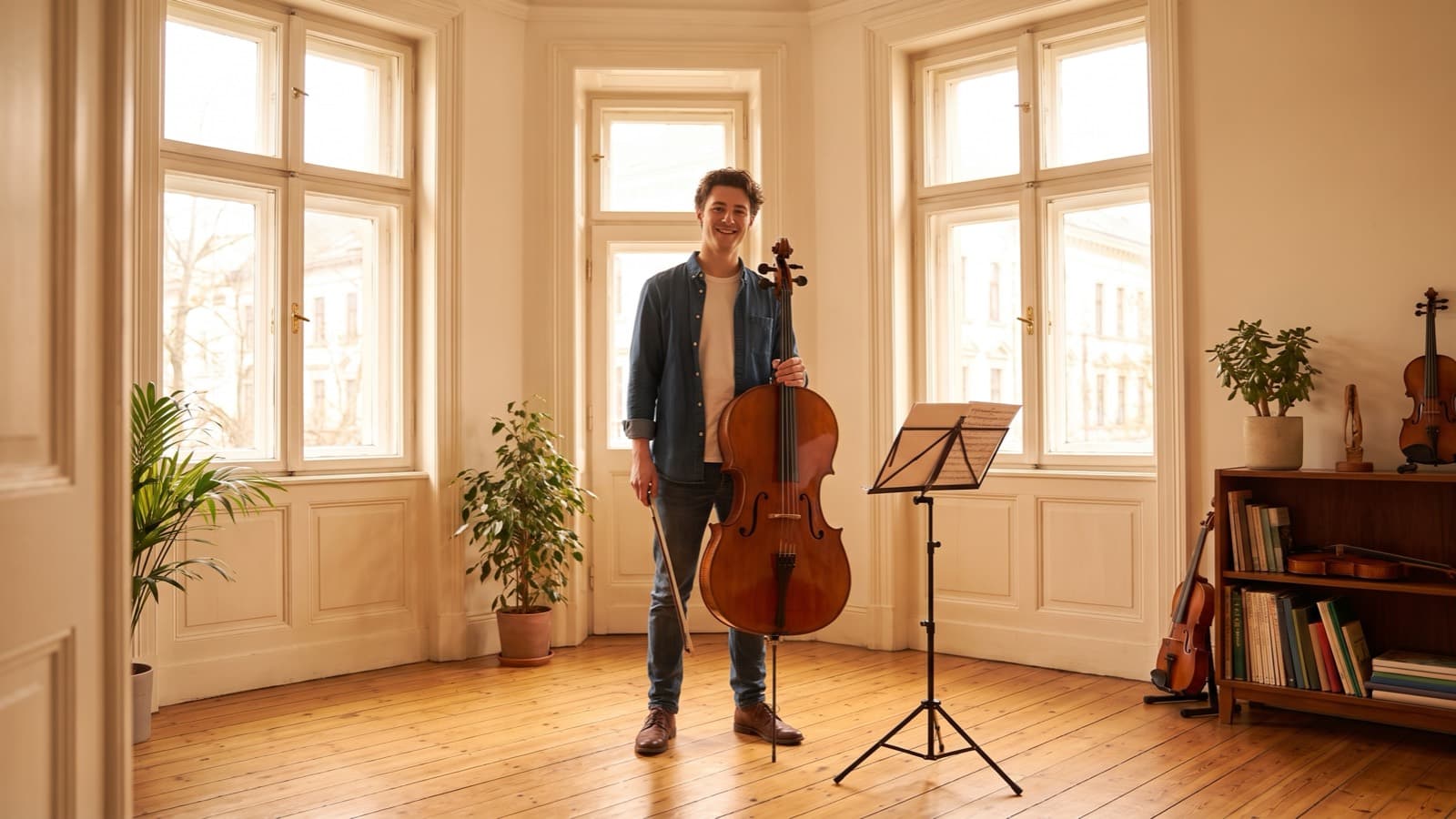 Junger Cellolehrer steht mit seinem Cello in seinem hellen Wiener Studio mit hohen Altbaufenstern