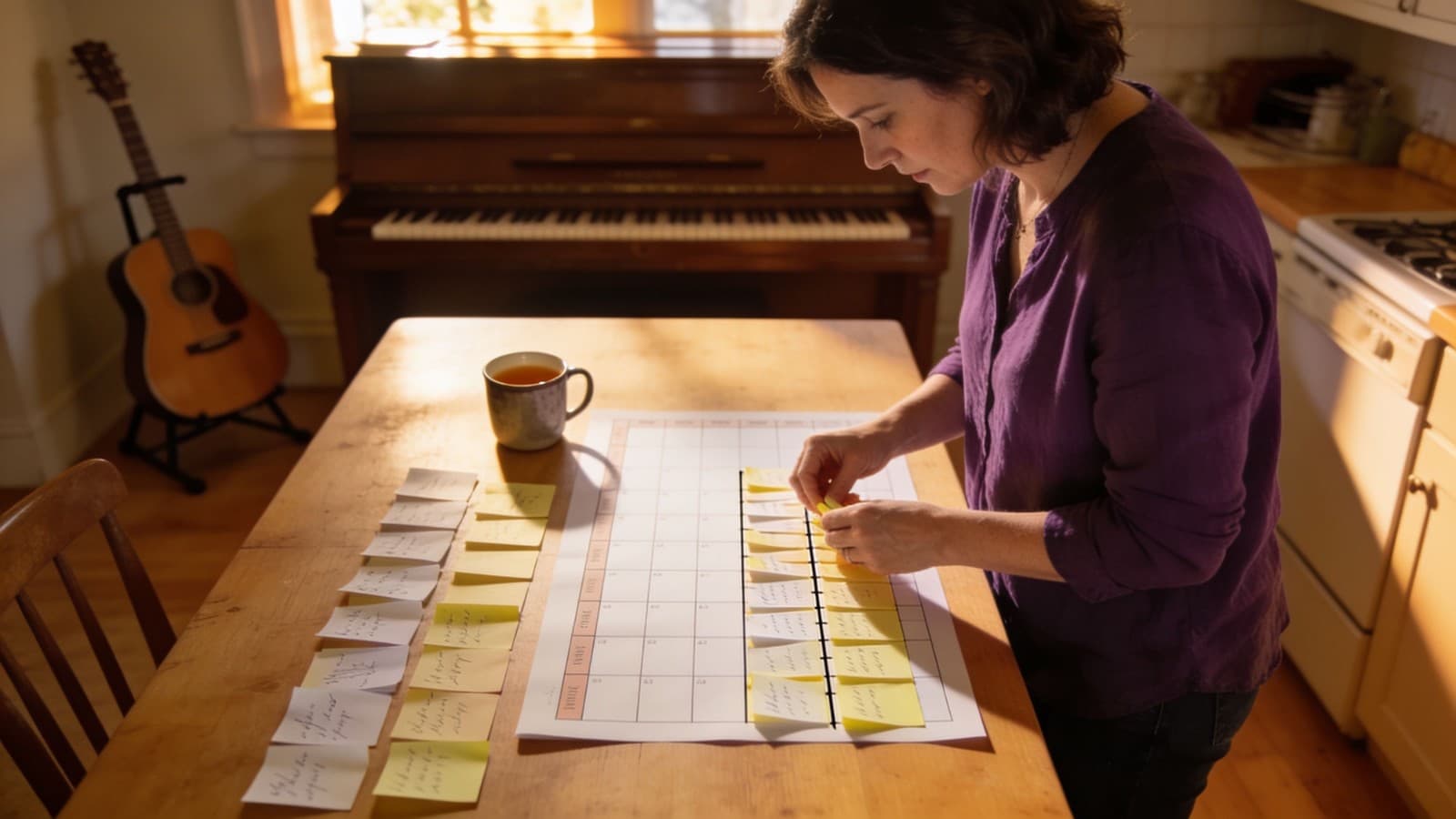 Music teacher at a kitchen table sorting handwritten slips with preferred times into a weekly plan, piano and guitar in the background