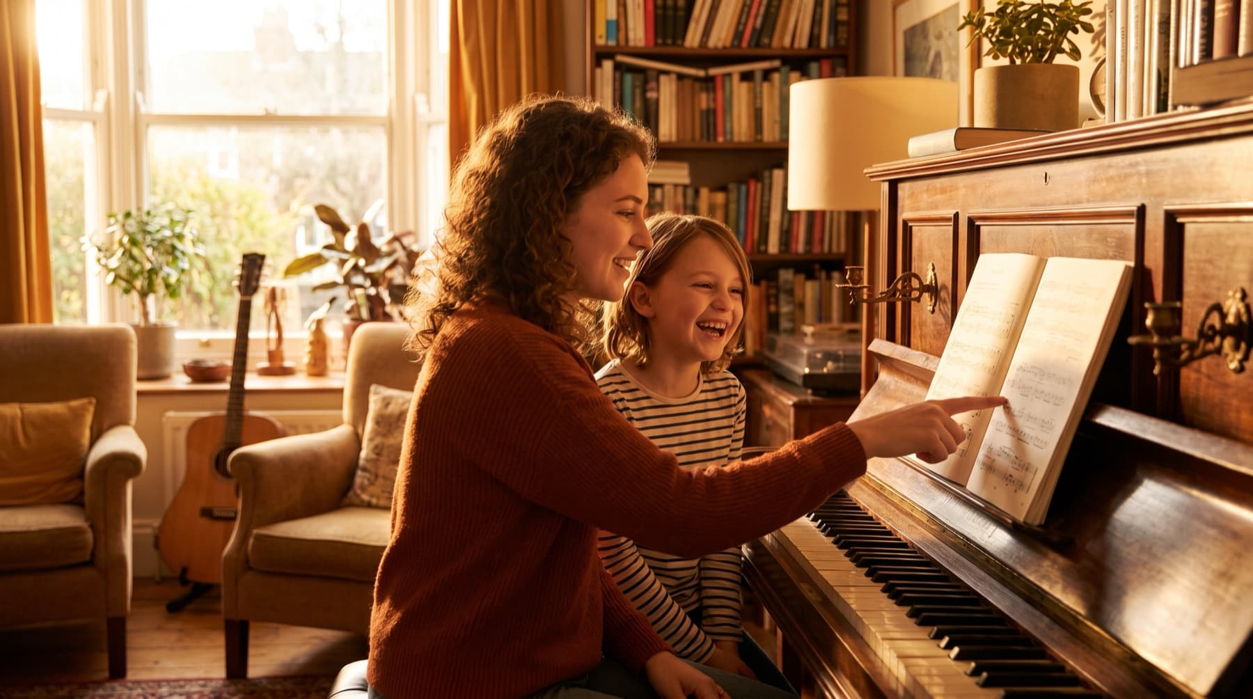 Musiklehrerin zeigt einer lachenden Schülerin eine Stelle in den Noten am Klavier